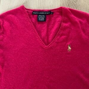 Ralph Lauren Sport Italian Merino‎ Wool Pink V Neck Long Sleeve Sweater Size M